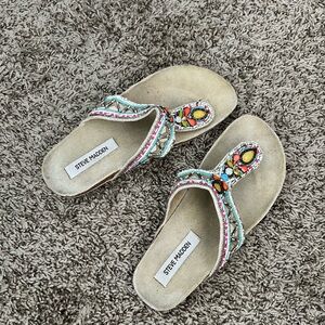 Steve Madden Tan Sandals with Multicolor Beaded T-Strap